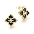 14K Gold PVD four leaf clover stud earrings with glossy black acrylic petals, sparkling CZ stones, and metal butterfly backs.