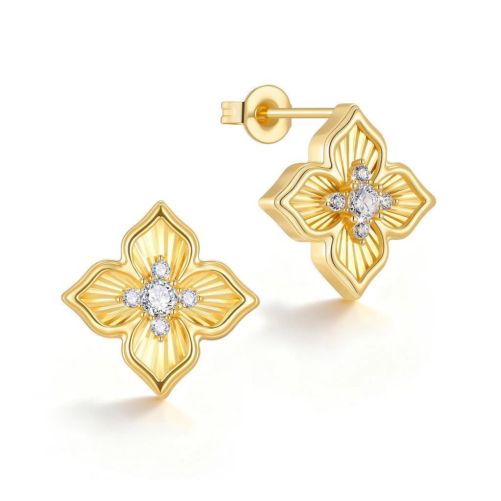 14K Gold PVD four leaf clover stud earrings with sparkling CZ stones and intricate diamond-cut floral details on a white background.