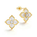 14K Gold PVD four leaf clover stud earrings with luminous white mother of pearl petals, sparkling CZ stones, and butterfly backs.
