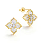 14K Gold PVD four leaf clover stud earrings with luminous white mother of pearl petals, sparkling CZ stones, and butterfly backs.