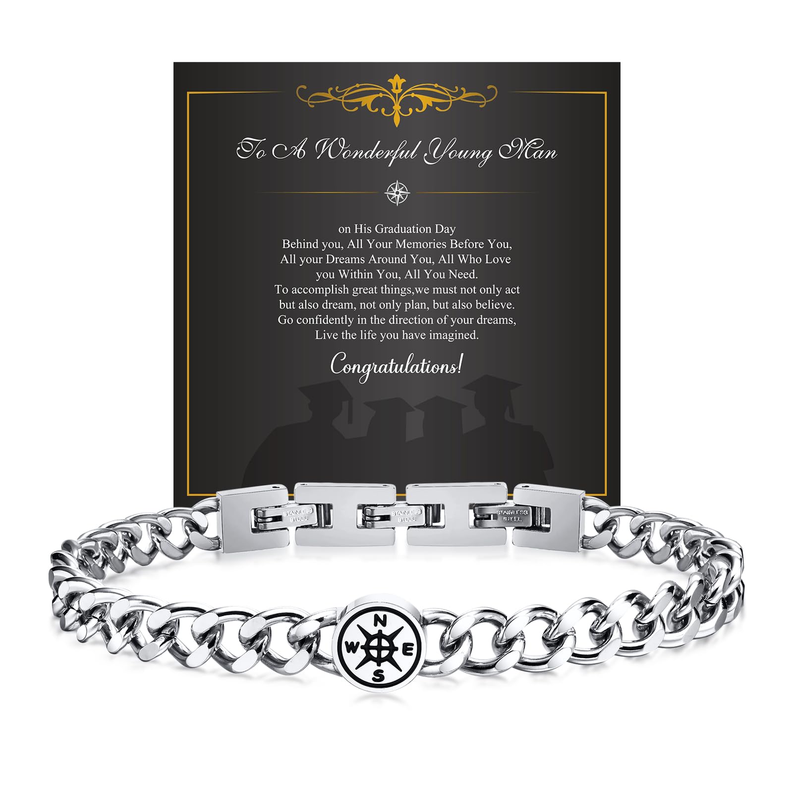 Stainless Steel Compass Medallion Cuban Link Bracelet