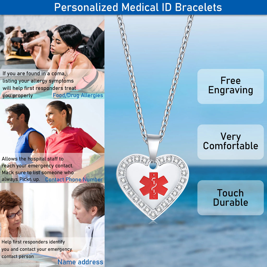 Custom Engraved Stainless Steel Cubic Zirconia Heart Medical Alert Necklace