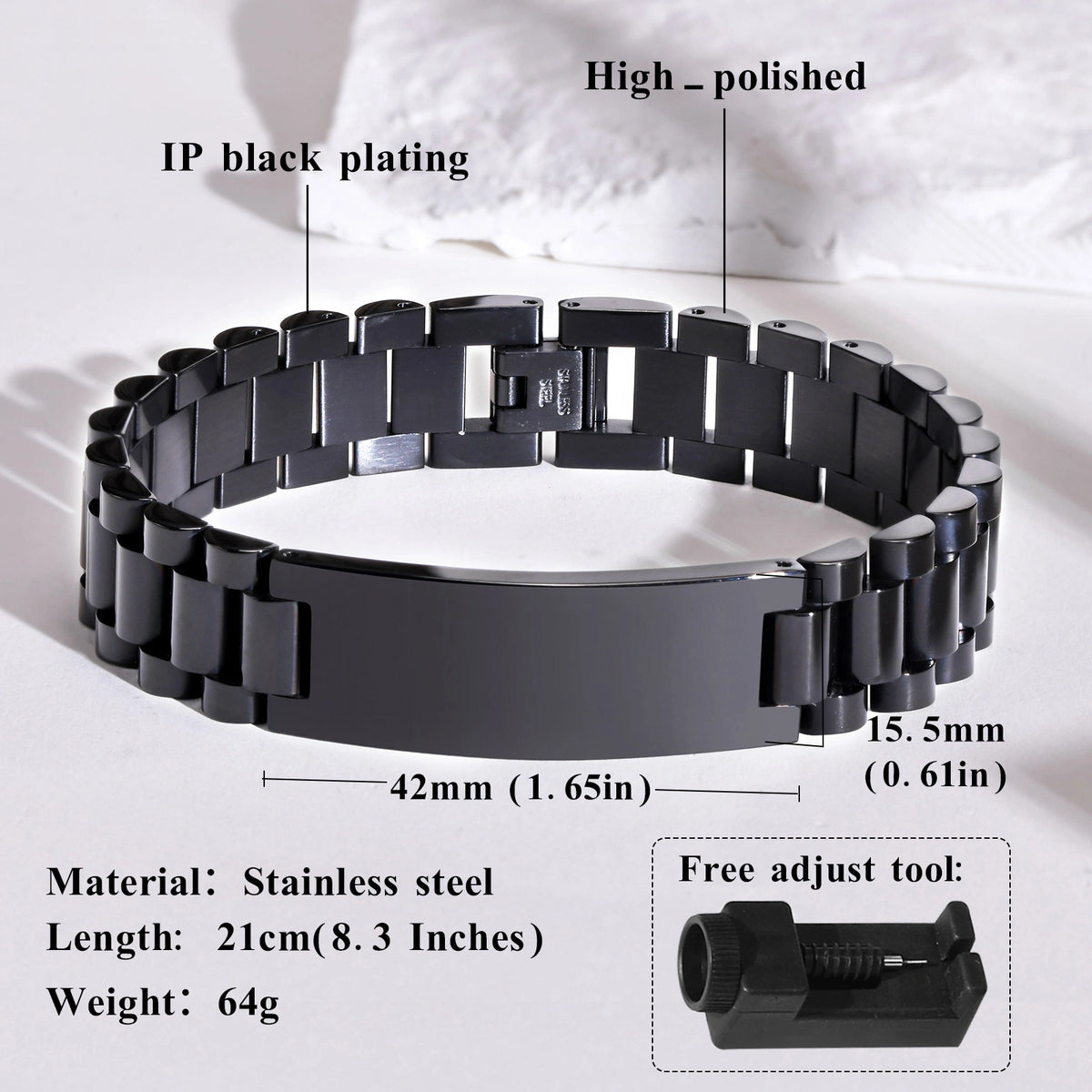 Product size guide for a black 316L stainless steel link bracelet showing the curved ID plate, band width, and dimensions