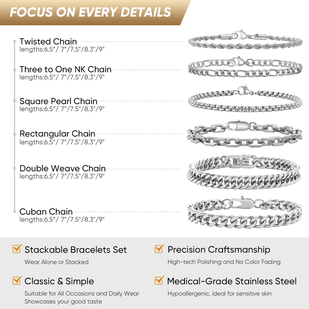 6-Piece Stainless Steel Mixed Bracelet Set