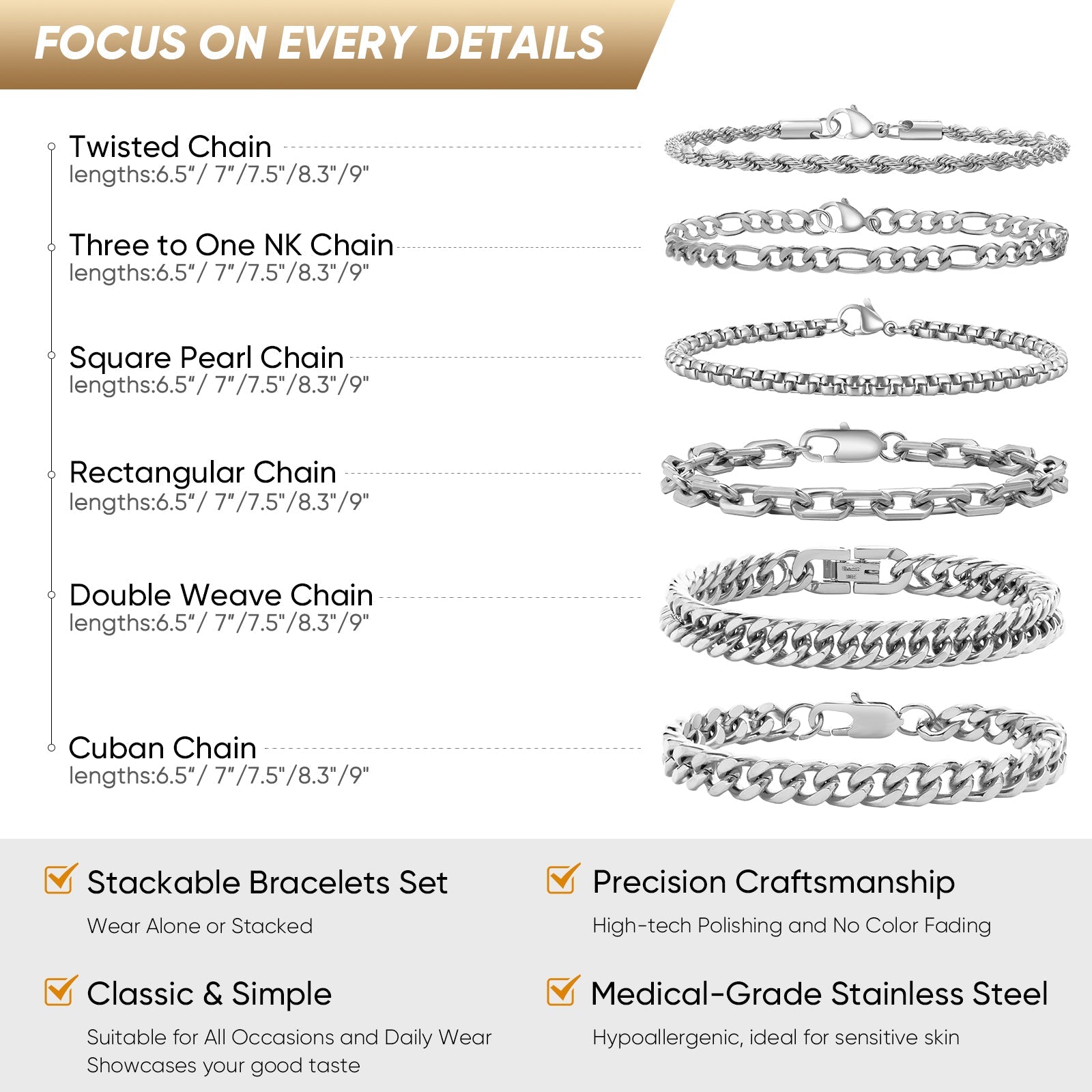 6-Piece Stainless Steel Mixed Bracelet Set