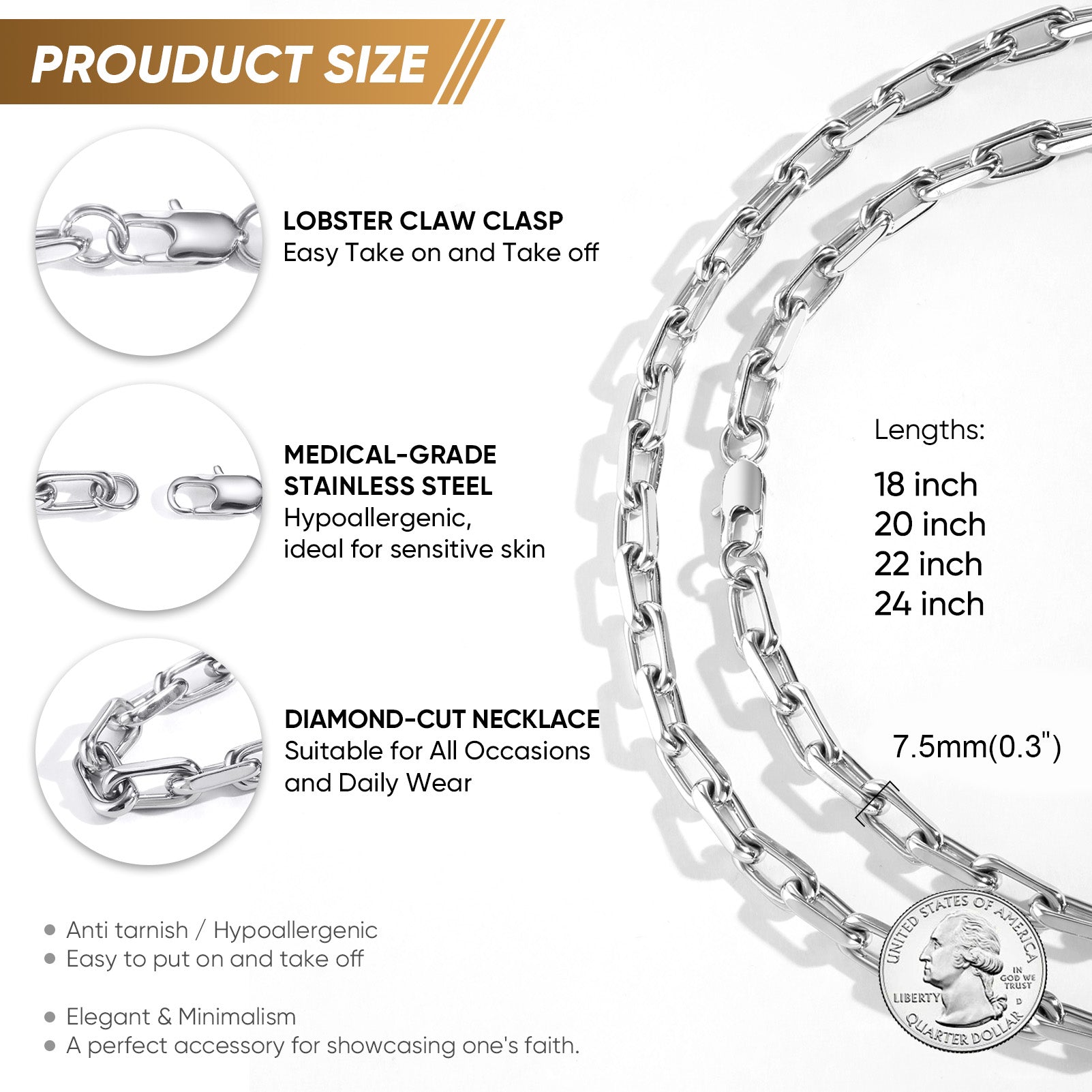 Paperclip Necklace, Diamond-Cut Stainless Steel