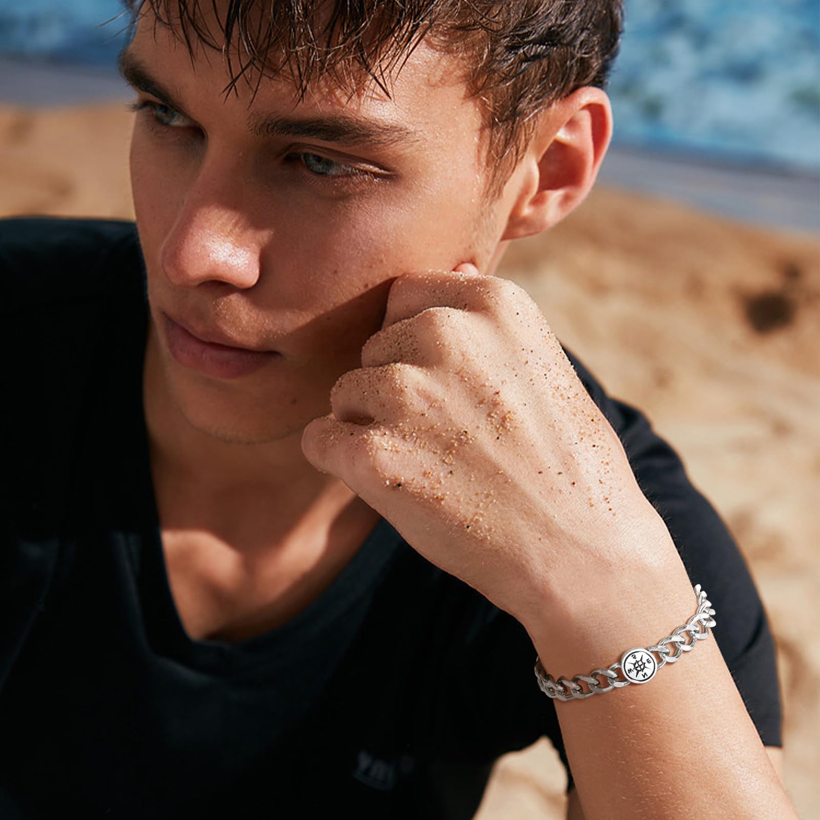 Stainless Steel Compass Medallion Cuban Link Bracelet