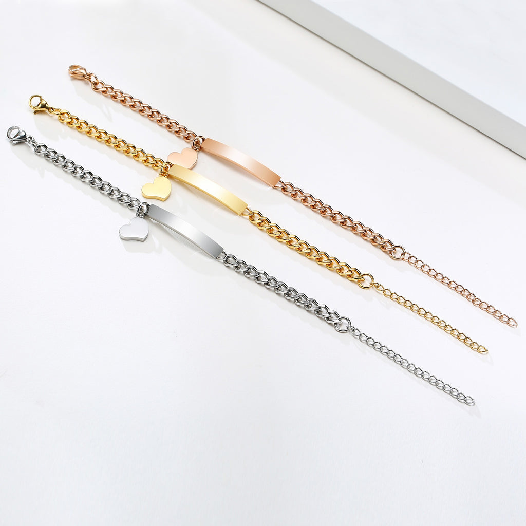 Personalized Stainless Steel Curb Chain Bracelet with Heart Charm