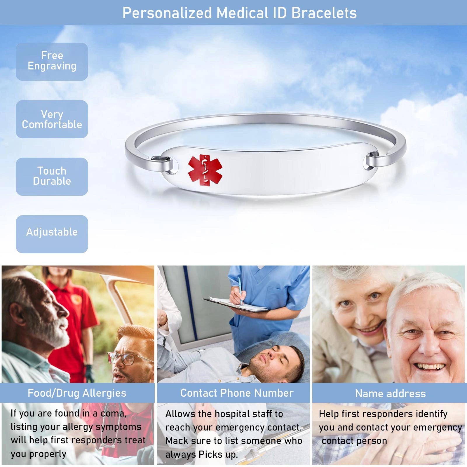 Personalized Stainless Steel Open Cuff Medical ID Bracelet