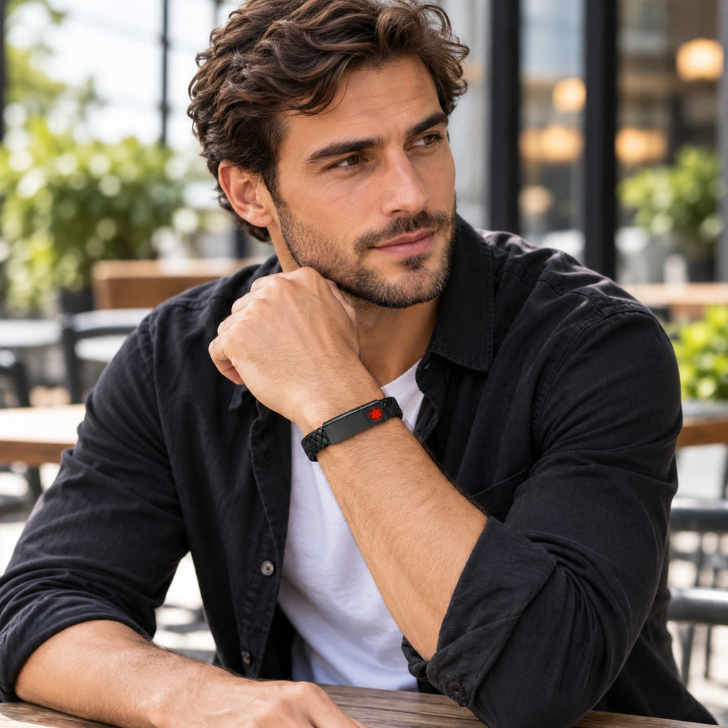 Personalized Men's Leather Medical ID Bracelet with Magnetic Clasp