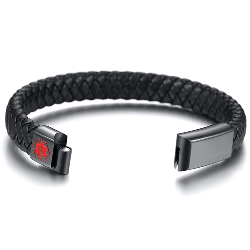 Personalized Men's Leather Medical ID Bracelet with Magnetic Clasp
