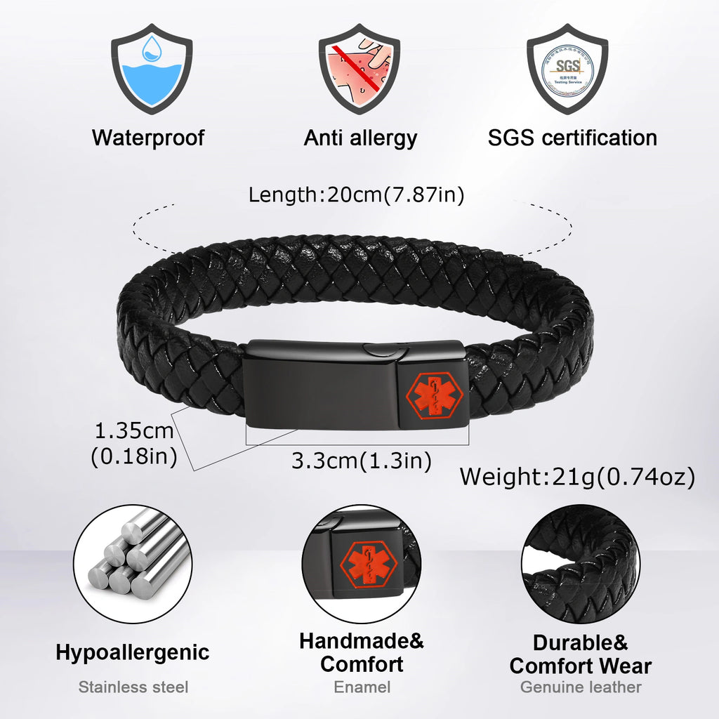 Personalized Men's Leather Medical ID Bracelet with Magnetic Clasp
