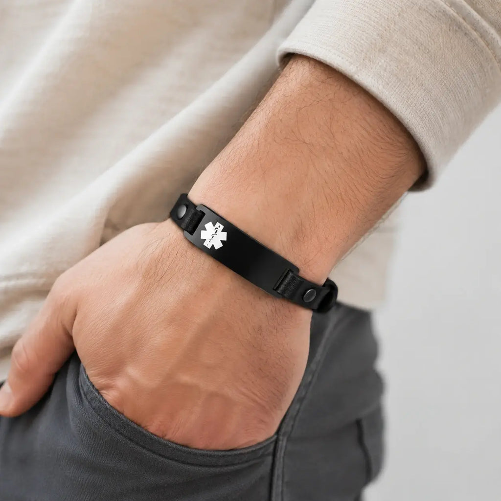Engraved Stainless Steel Medical Alert Leather Bracelet