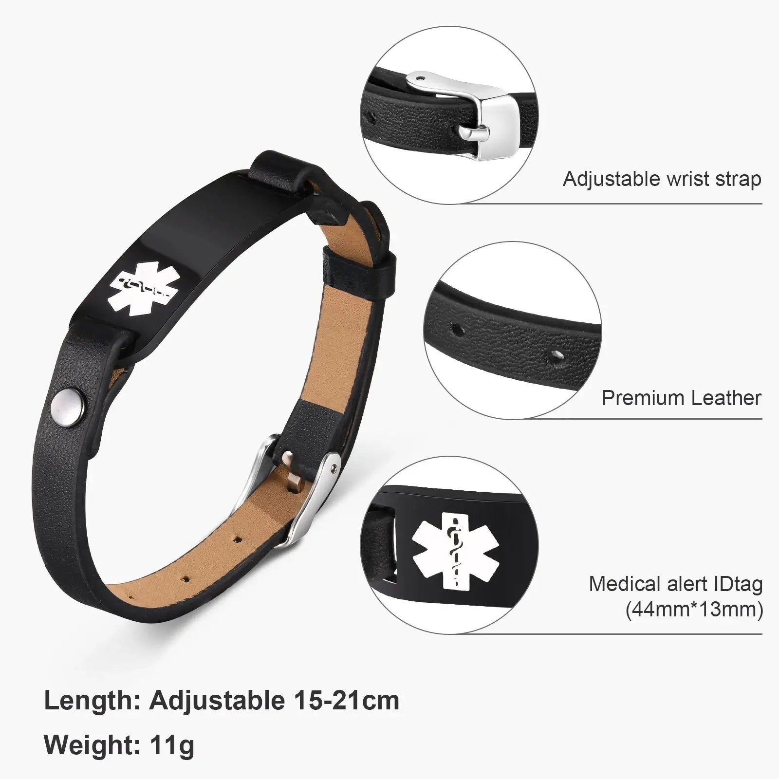 Engraved Stainless Steel Medical Alert Leather Bracelet