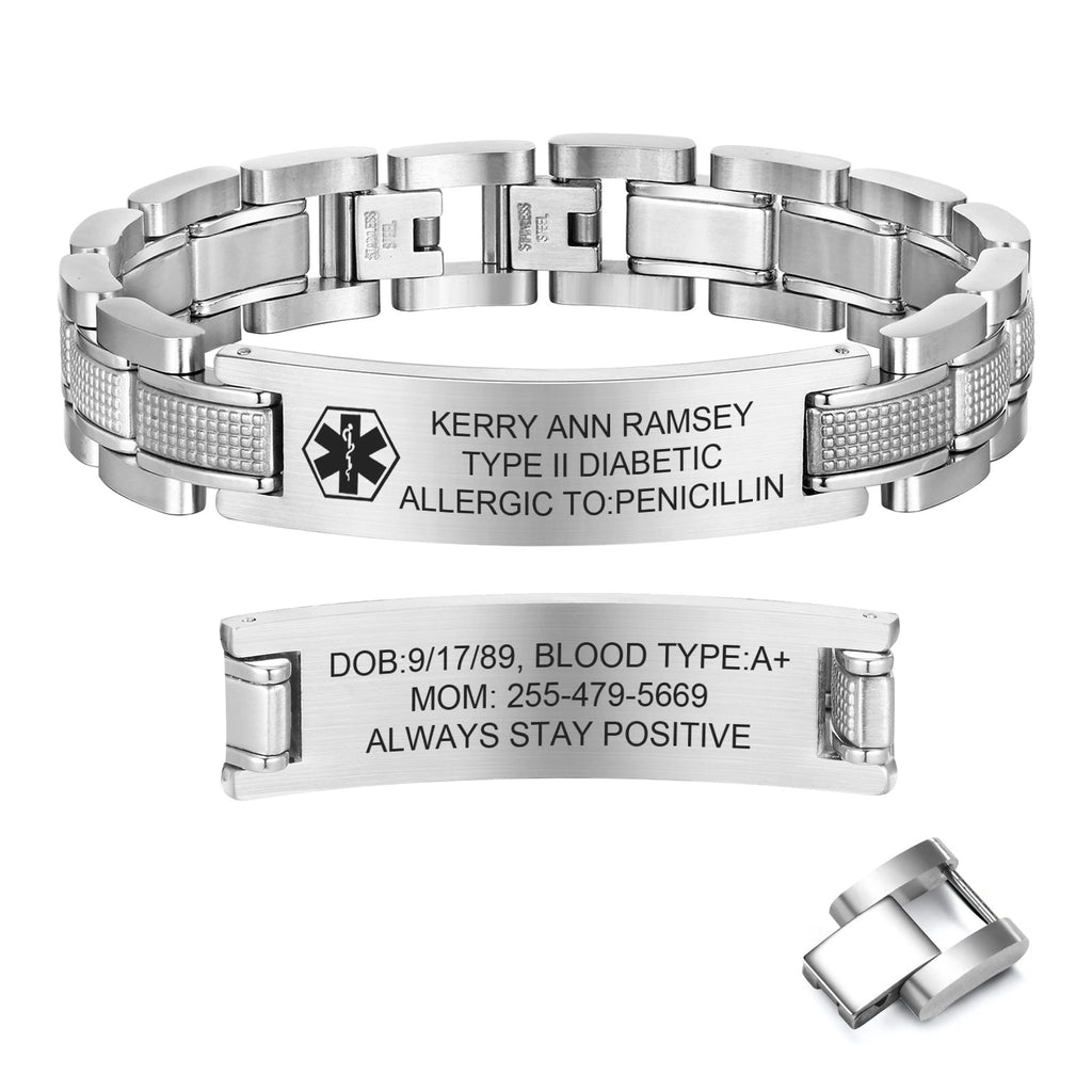 Personalized Medical Alert Bracelet, Custom Engraved Stainless Steel Emergency ID