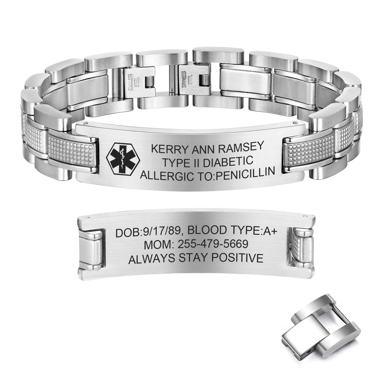 Personalized Medical Alert Bracelet, Custom Engraved Stainless Steel Emergency ID