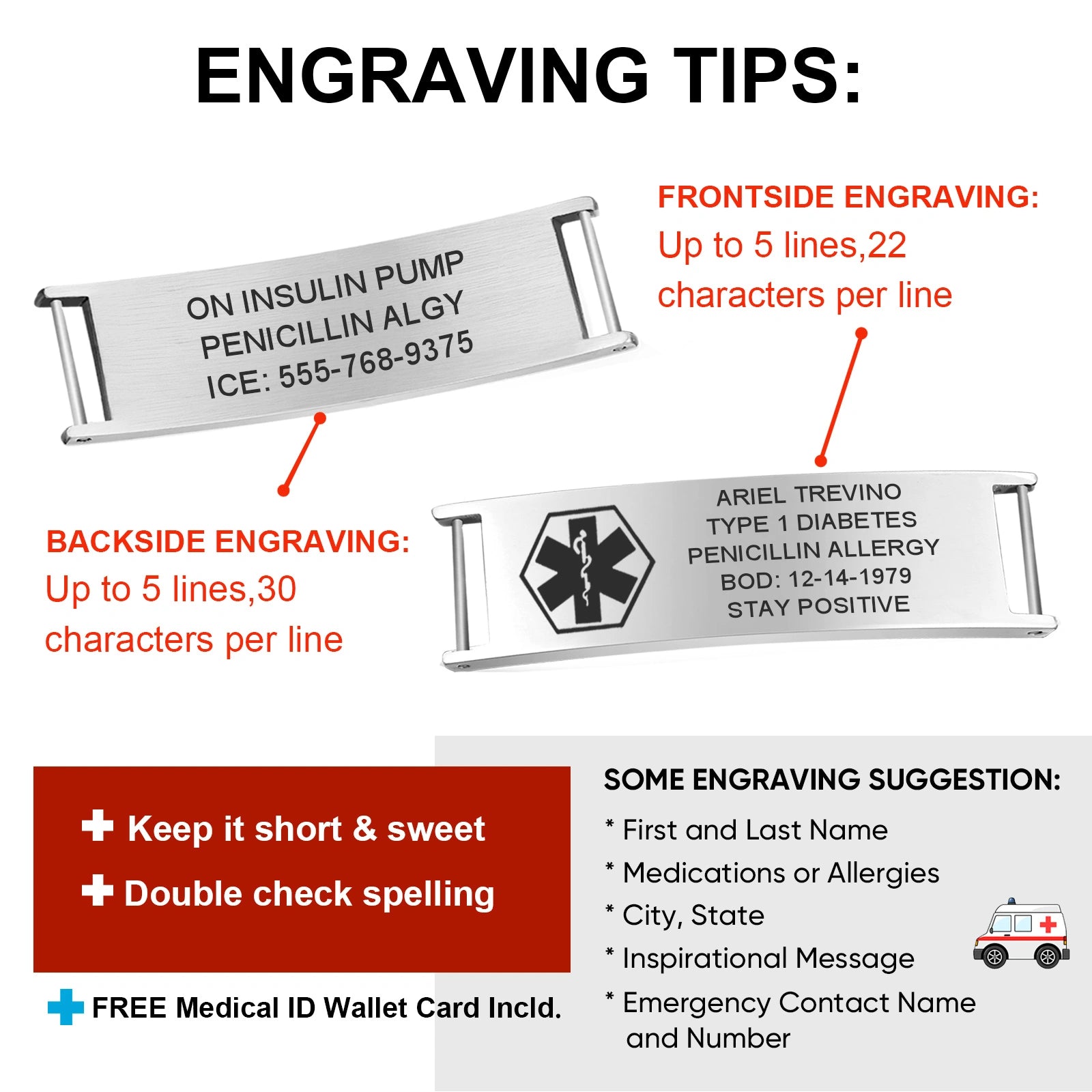 Personalized Medical Alert Bracelet, Custom Engraved Stainless Steel Emergency ID