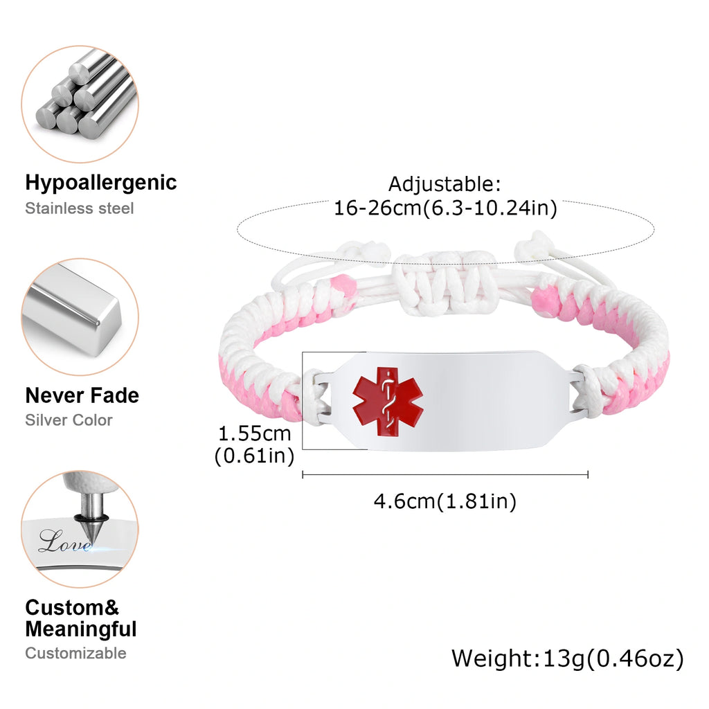Personalized Stainless Steel Medical Alert Wax Cord Bracelet