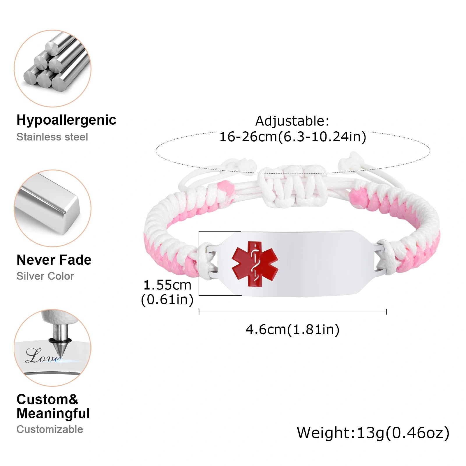 Personalized Stainless Steel Medical Alert Wax Cord Bracelet
