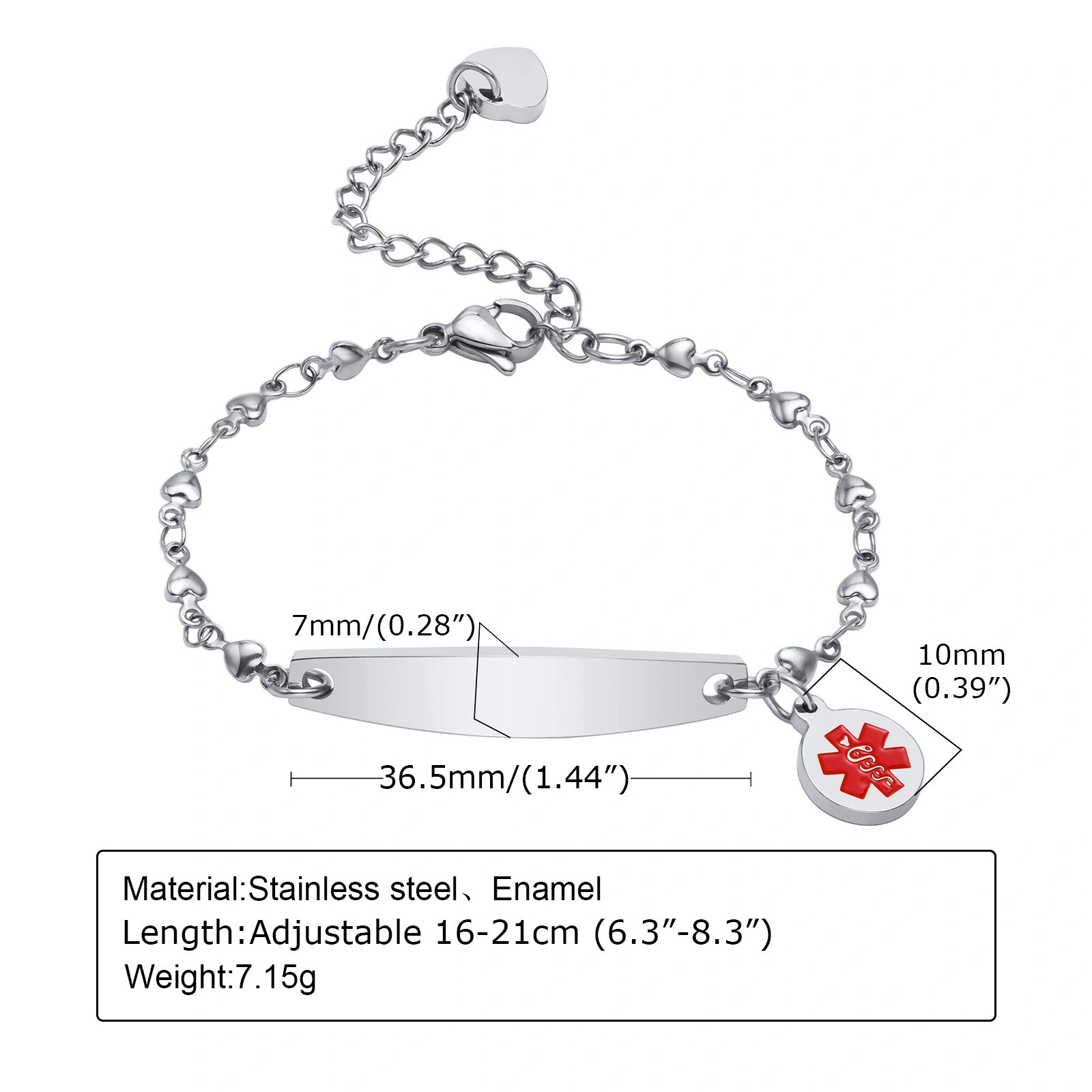 Custom Elegant Heart Link Medical Alert Bracelet