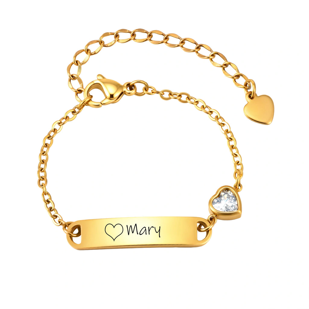 18K Gold PVD Plated Stainless Steel ID Bracelet with Heart CZ for kids