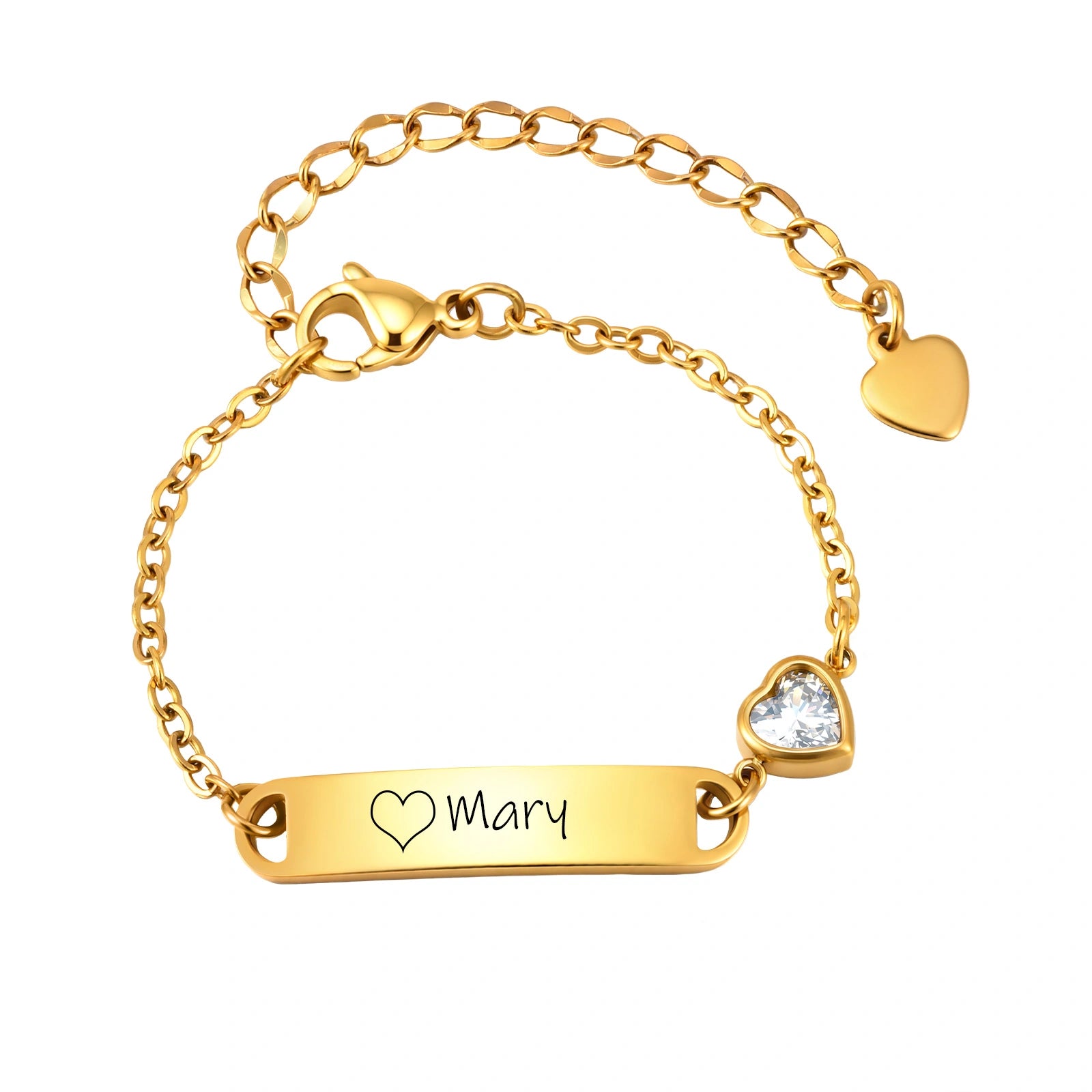 18K Gold PVD Plated Stainless Steel ID Bracelet with Heart CZ for kids