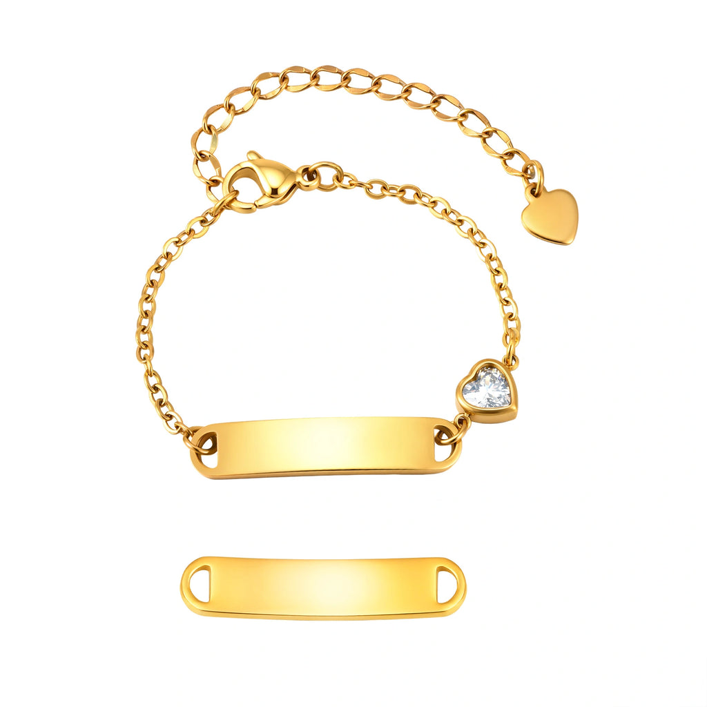 18K Gold PVD Plated Stainless Steel ID Bracelet with Heart CZ for kids