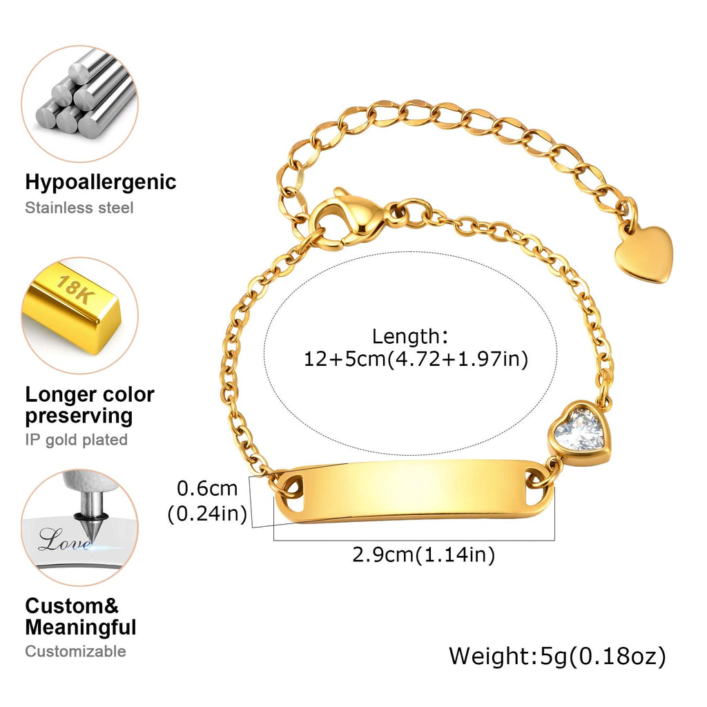 18K Gold PVD Plated Stainless Steel ID Bracelet with Heart CZ for kids