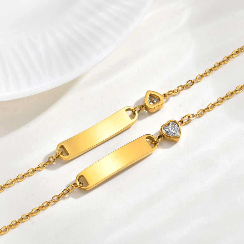 18K Gold PVD Plated Stainless Steel ID Bracelet with Heart CZ for kids
