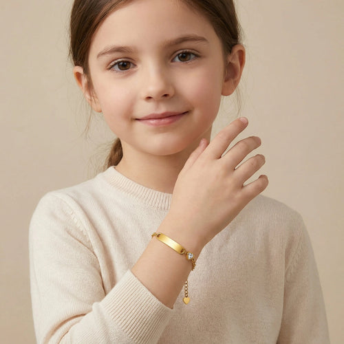 18K Gold PVD Plated Stainless Steel ID Bracelet with Heart CZ for kids
