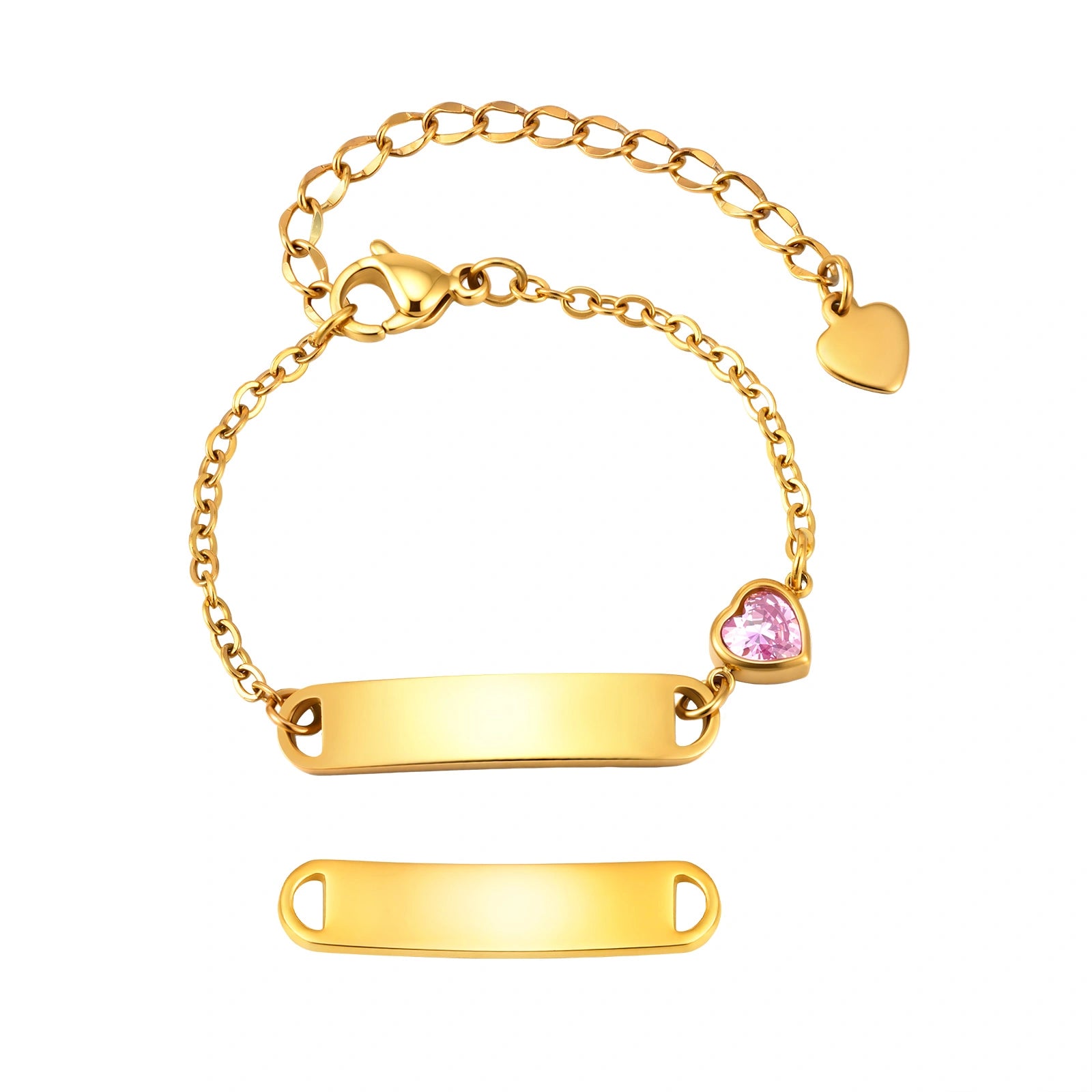 18K Gold PVD Plated Stainless Steel ID Bracelet with Heart CZ for kids