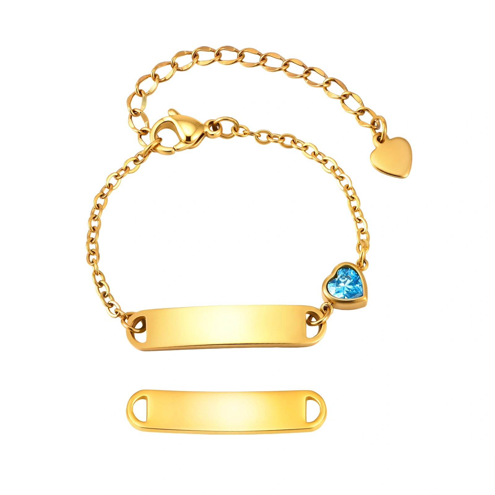18K Gold PVD Plated Stainless Steel ID Bracelet with Heart CZ for kids