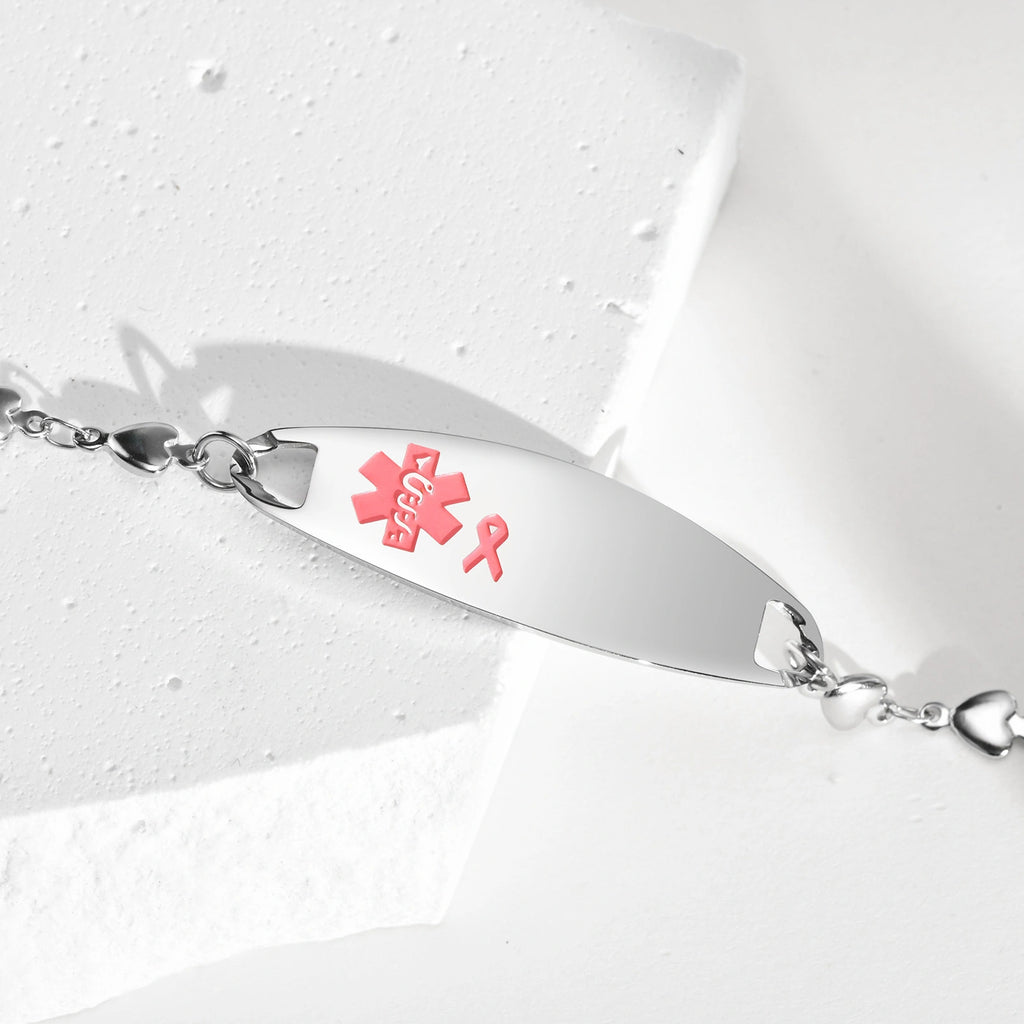 Personalized Stainless Steel Pink Ribbon Medical ID Bracelet