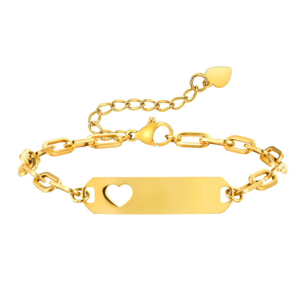Personalized gold stainless steel ID bracelet with heart cutout, engraving plate and extension chain
