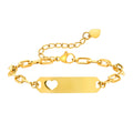 Personalized gold stainless steel ID bracelet with heart cutout, engraving plate and extension chain