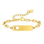 Personalized gold stainless steel ID bracelet with heart cutout, engraving plate and extension chain