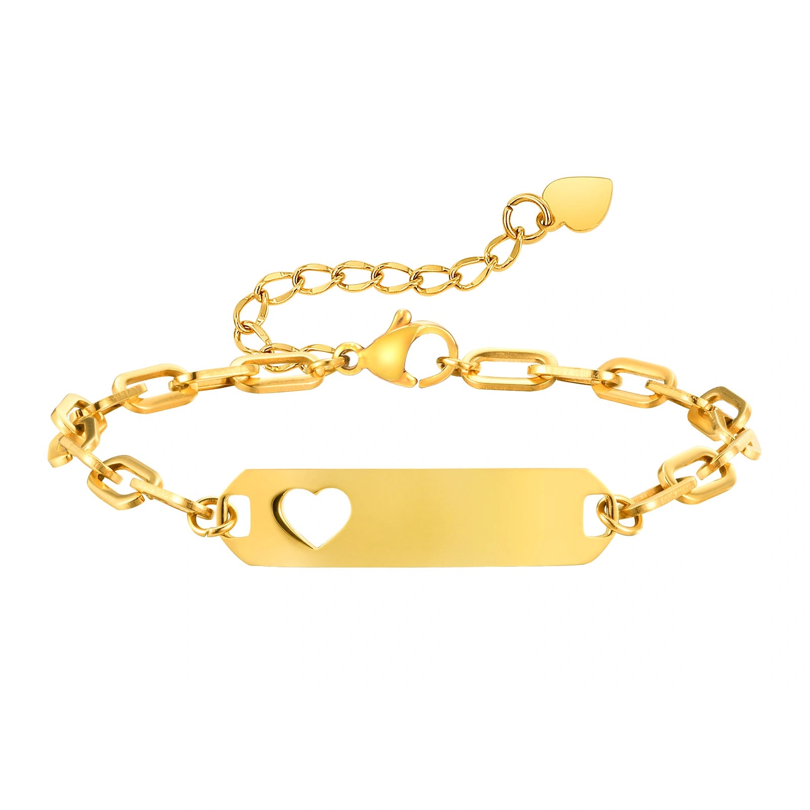 Personalized gold stainless steel ID bracelet with heart cutout, engraving plate and extension chain