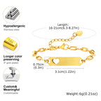 Gold-plated stainless steel ID bracelet with a rectangular bar and heart cutout, shown with dimension labels and feature callouts on a white background.