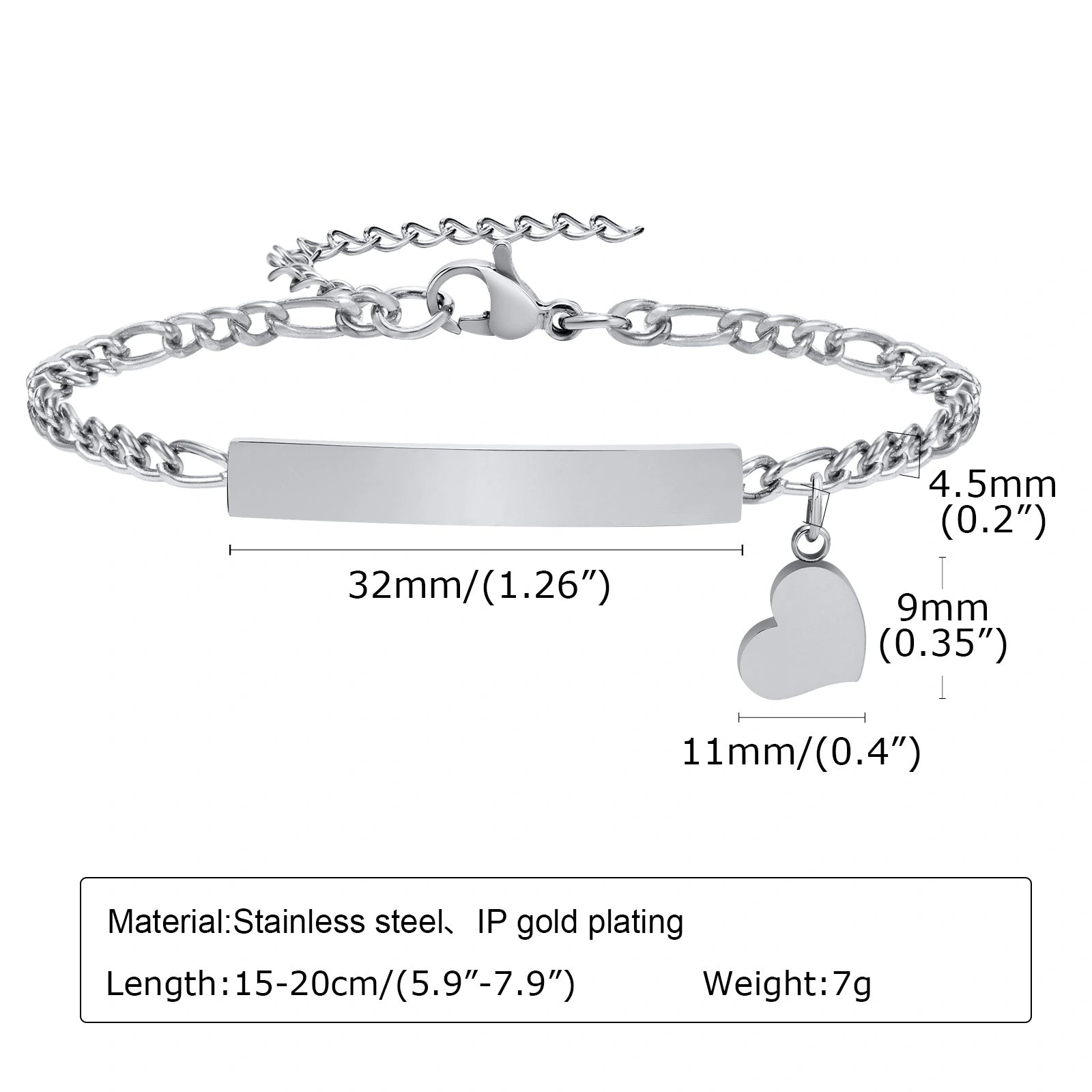 Personalized Stainless Steel Medical ID Bracelet with Heart Charm