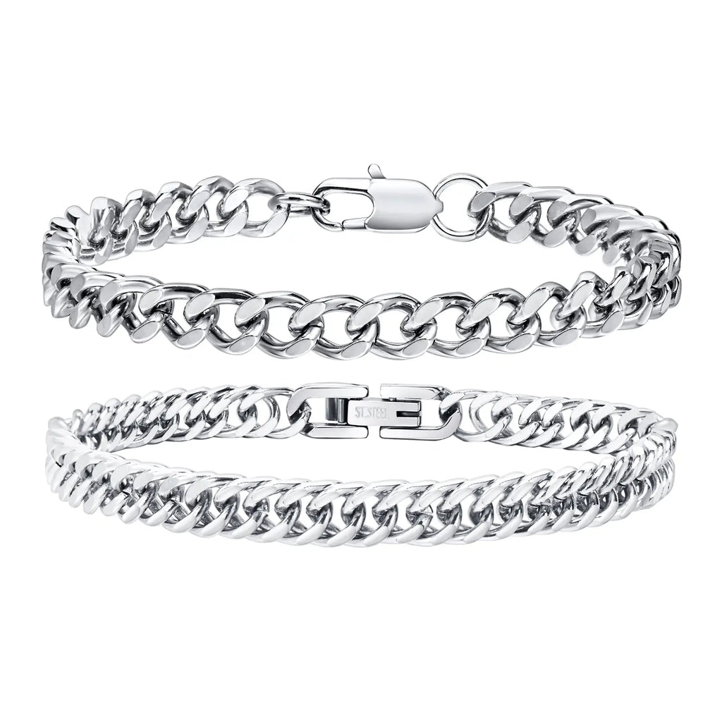 2 Pcs Stainless Steel Cuban Link Bracelet Set