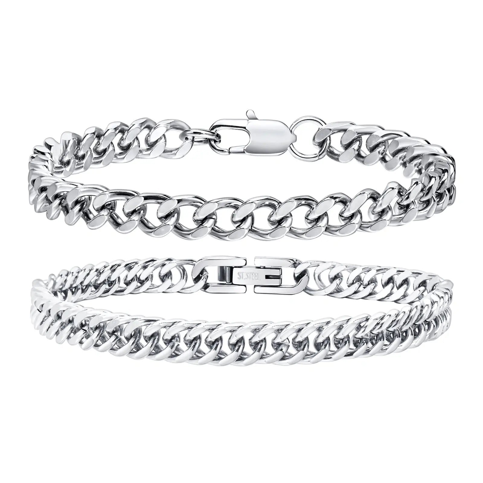 2 Pcs Stainless Steel Cuban Link Bracelet Set