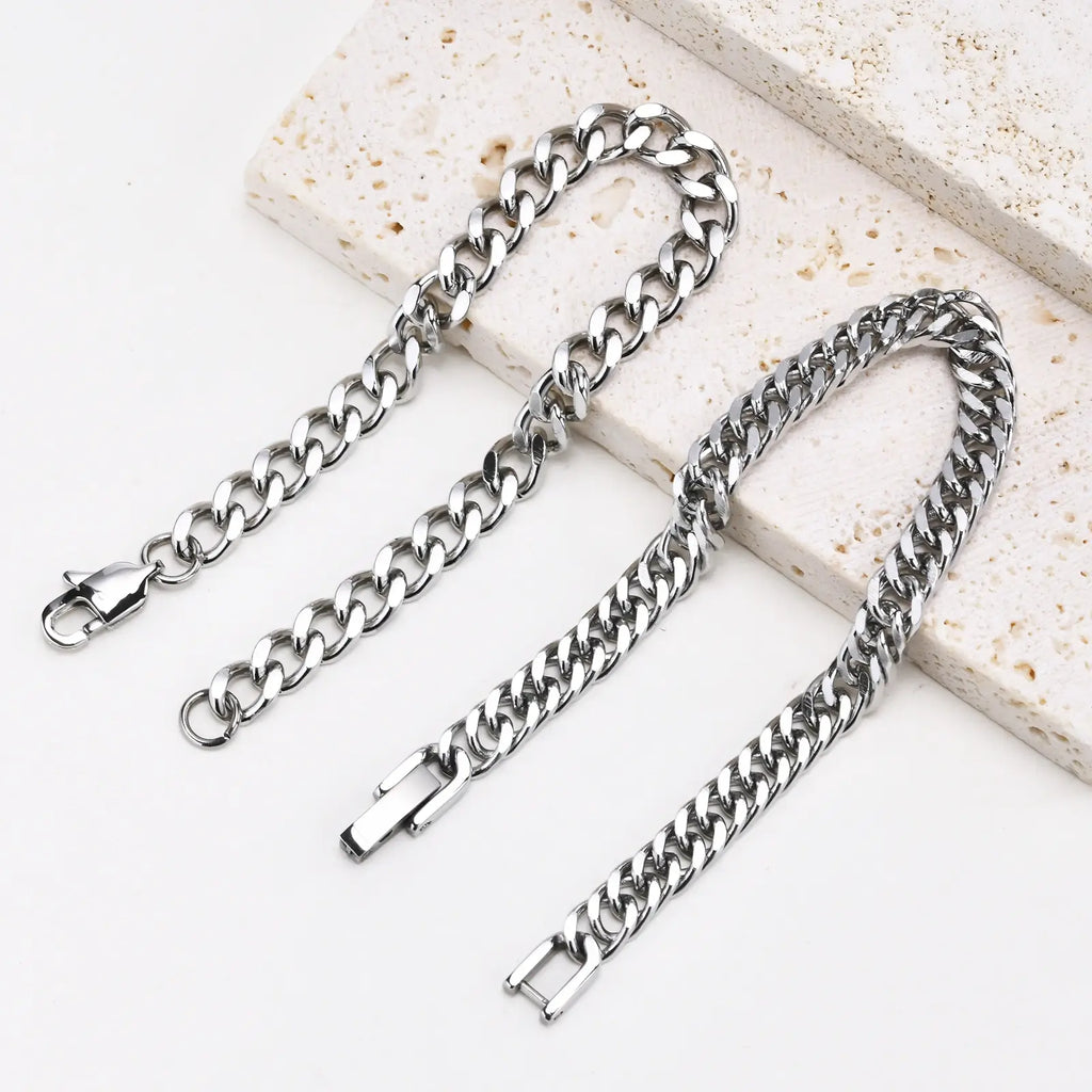 2 Pcs Stainless Steel Cuban Link Bracelet Set