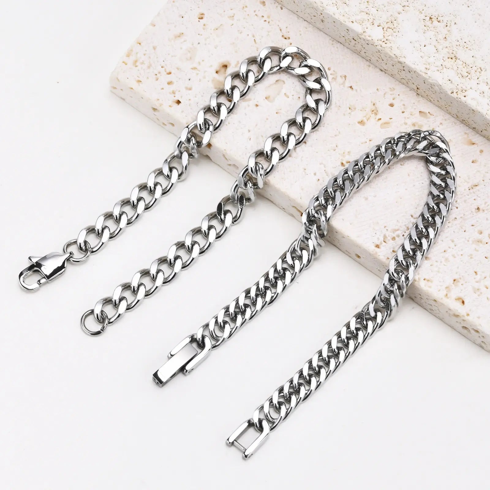 2 Pcs Stainless Steel Cuban Link Bracelet Set