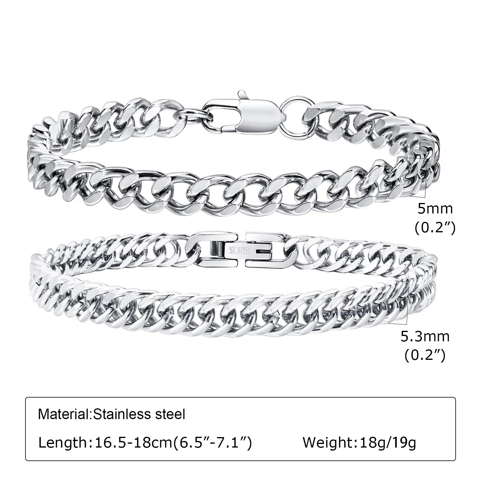 2 Pcs Stainless Steel Cuban Link Bracelet Set