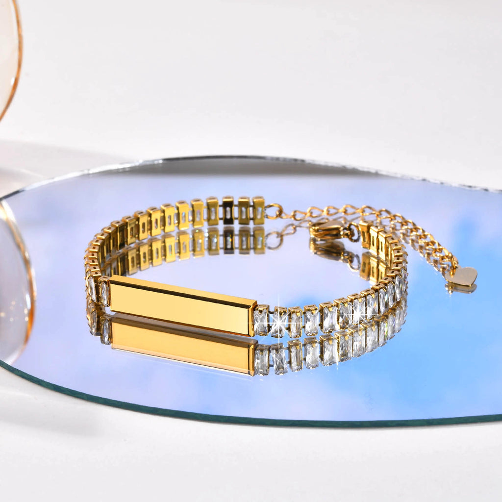 Personalized Stainless Steel Engraved Bracelet with Square CZ