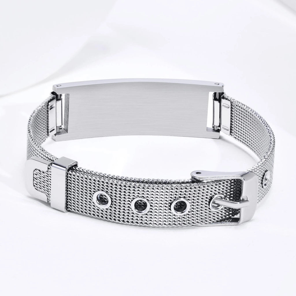 Silver medical ID mesh buckle bracelet with engravable plate