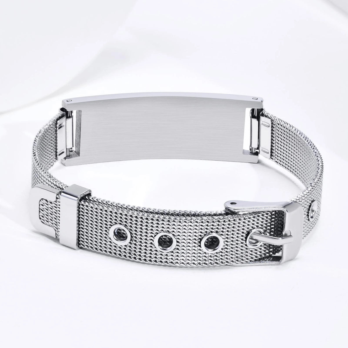 Silver medical ID mesh buckle bracelet with engravable plate