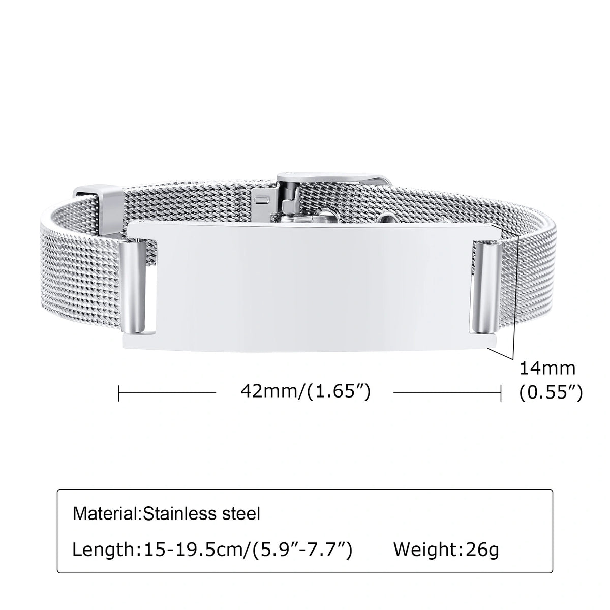Stainless steel medical ID mesh bracelet size and dimensions