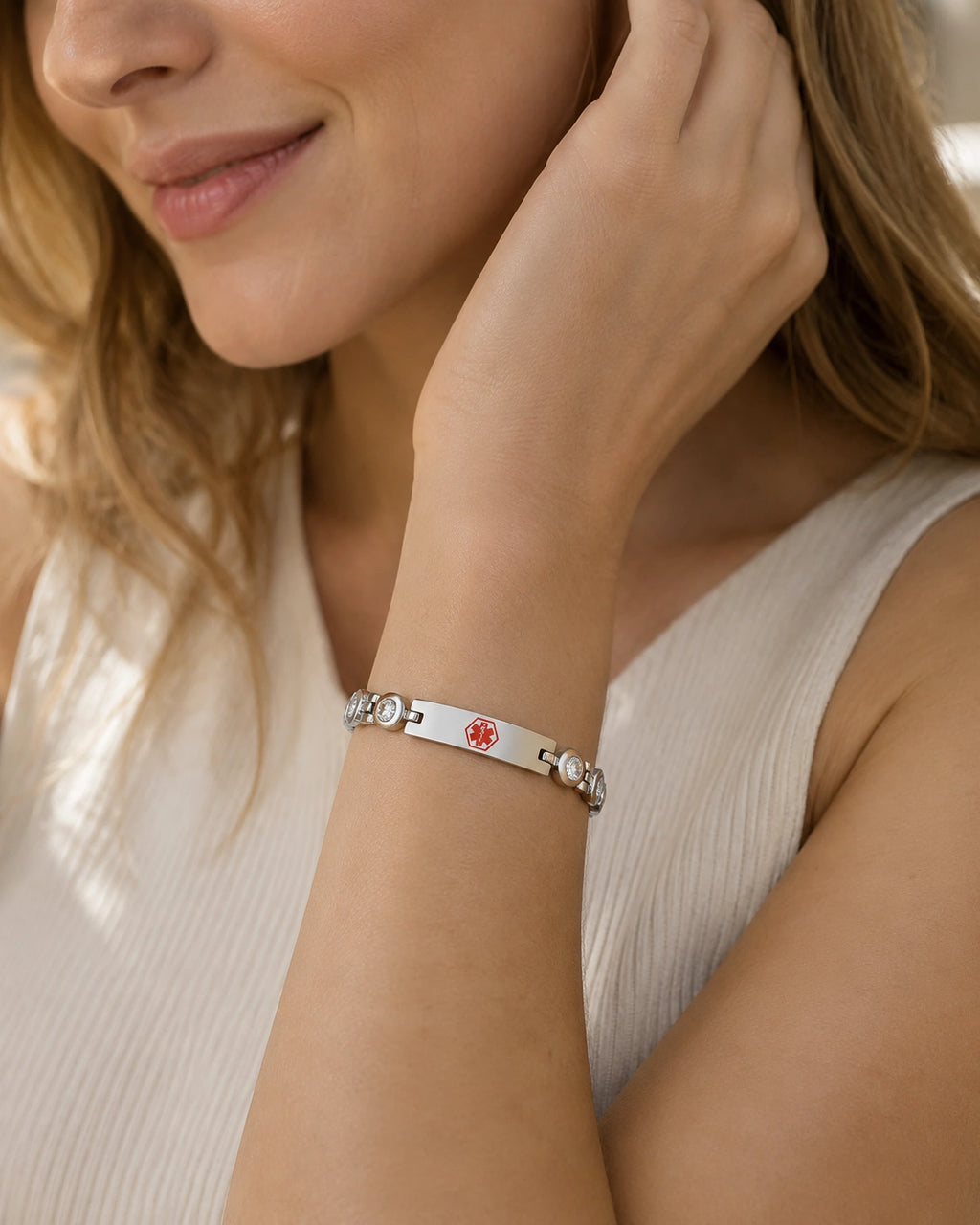 Custom Engraved Stainless Steel Rhinestone ID Bracelet