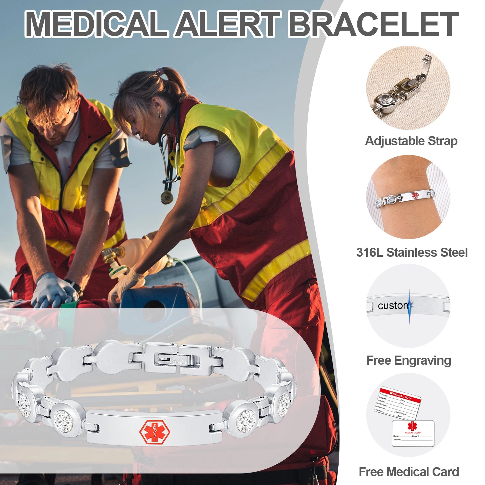 Custom Engraved Stainless Steel Rhinestone ID Bracelet